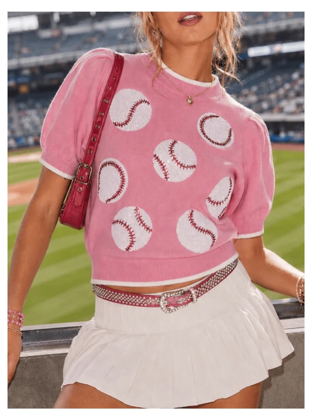 NWT PEACH LOVE Short Sleeve Sweater w/ Sequin Baseballs - Pink/White